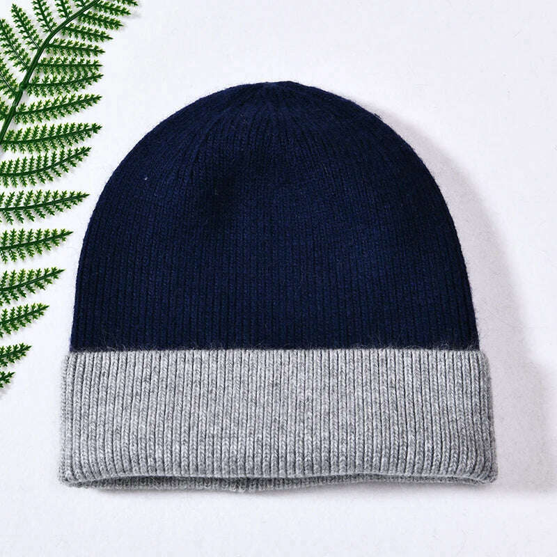 KIMLUD, Women Winter Hats Cashmere Knitted Wool Cap Real Fur Ball Top Striped Knitted Hat Female Fashion Cap Ladies Hedging Wool Beanie, Navy and grey, KIMLUD APPAREL - Womens Clothes