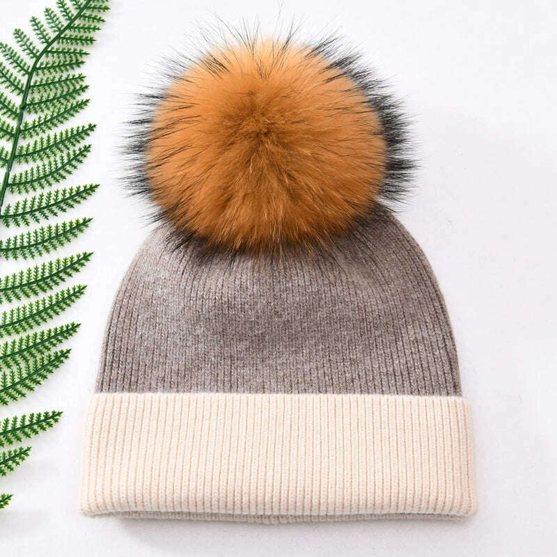 KIMLUD, Women Winter Hats Cashmere Knitted Wool Cap Real Fur Ball Top Striped Knitted Hat Female Fashion Cap Ladies Hedging Wool Beanie, Beige and khaki  N, KIMLUD Womens Clothes