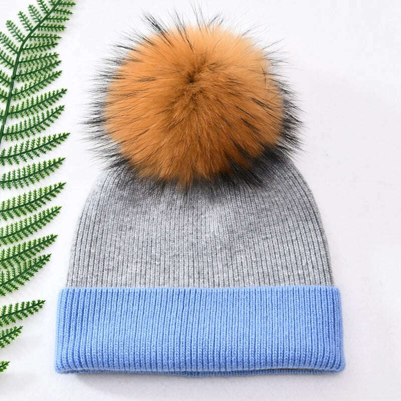 KIMLUD, Women Winter Hats Cashmere Knitted Wool Cap Real Fur Ball Top Striped Knitted Hat Female Fashion Cap Ladies Hedging Wool Beanie, Grey and blue N, KIMLUD Womens Clothes