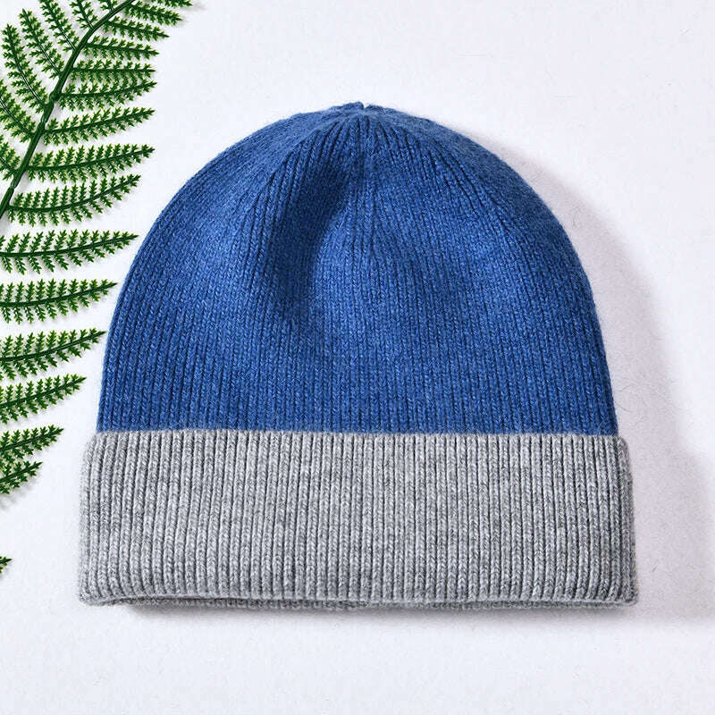 KIMLUD, Women Winter Hats Cashmere Knitted Wool Cap Real Fur Ball Top Striped Knitted Hat Female Fashion Cap Ladies Hedging Wool Beanie, Denim and grey, KIMLUD Womens Clothes
