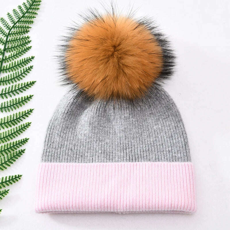 KIMLUD, Women Winter Hats Cashmere Knitted Wool Cap Real Fur Ball Top Striped Knitted Hat Female Fashion Cap Ladies Hedging Wool Beanie, Grey and pink N, KIMLUD Womens Clothes