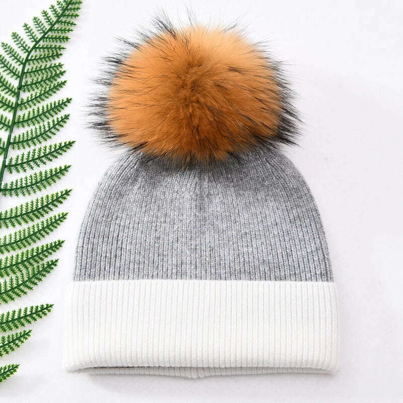 KIMLUD, Women Winter Hats Cashmere Knitted Wool Cap Real Fur Ball Top Striped Knitted Hat Female Fashion Cap Ladies Hedging Wool Beanie, Grey and white N, KIMLUD Womens Clothes