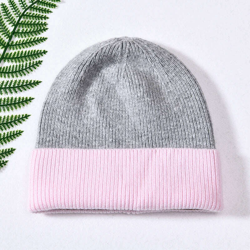 KIMLUD, Women Winter Hats Cashmere Knitted Wool Cap Real Fur Ball Top Striped Knitted Hat Female Fashion Cap Ladies Hedging Wool Beanie, Grey and pink, KIMLUD Womens Clothes