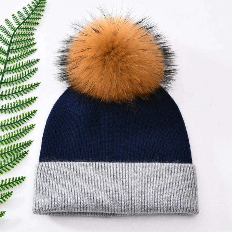 KIMLUD, Women Winter Hats Cashmere Knitted Wool Cap Real Fur Ball Top Striped Knitted Hat Female Fashion Cap Ladies Hedging Wool Beanie, Navy and grey N, KIMLUD Womens Clothes