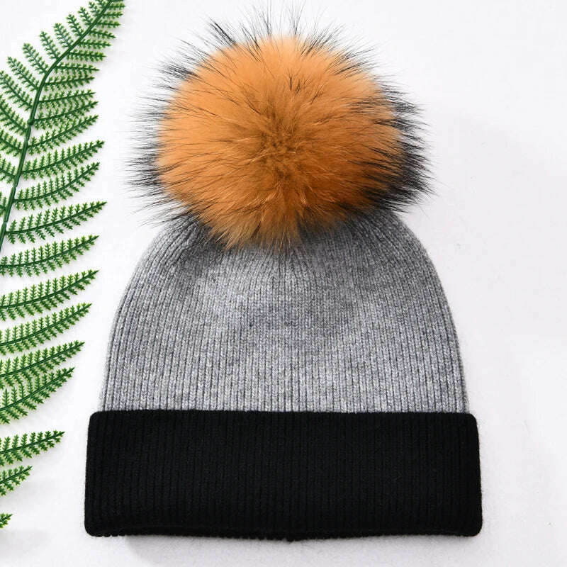 KIMLUD, Women Winter Hats Cashmere Knitted Wool Cap Real Fur Ball Top Striped Knitted Hat Female Fashion Cap Ladies Hedging Wool Beanie, Grey and black N, KIMLUD Womens Clothes