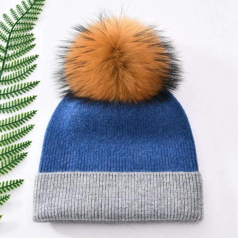 KIMLUD, Women Winter Hats Cashmere Knitted Wool Cap Real Fur Ball Top Striped Knitted Hat Female Fashion Cap Ladies Hedging Wool Beanie, Denim and grey N, KIMLUD Womens Clothes