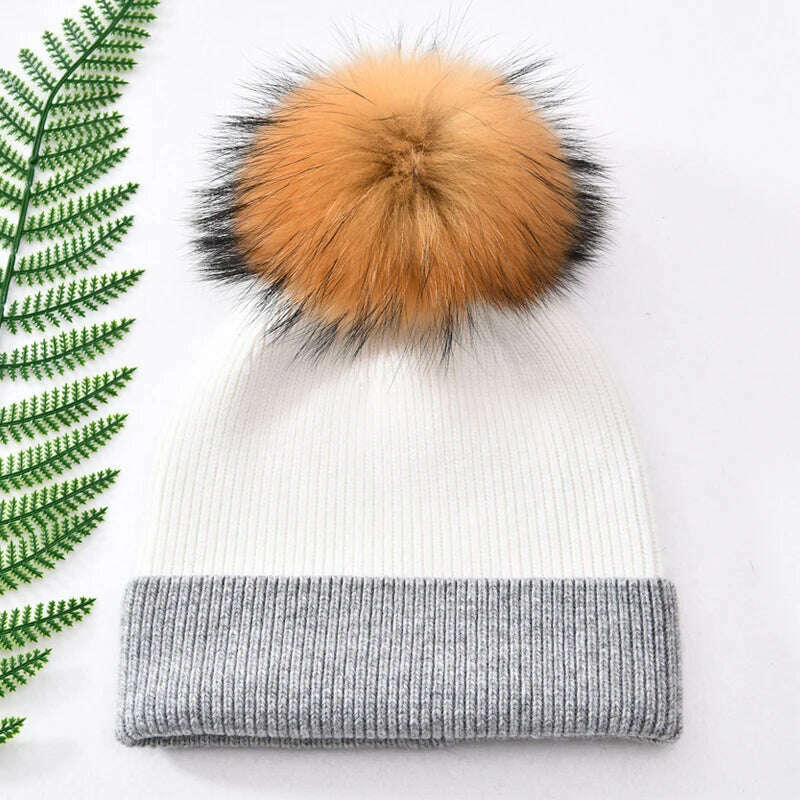 KIMLUD, Women Winter Hats Cashmere Knitted Wool Cap Real Fur Ball Top Striped Knitted Hat Female Fashion Cap Ladies Hedging Wool Beanie, White and grey N, KIMLUD Womens Clothes