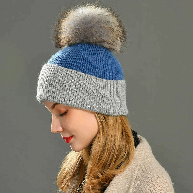 KIMLUD, Women Winter Hats Cashmere Knitted Wool Cap Real Fur Ball Top Striped Knitted Hat Female Fashion Cap Ladies Hedging Wool Beanie, KIMLUD Womens Clothes