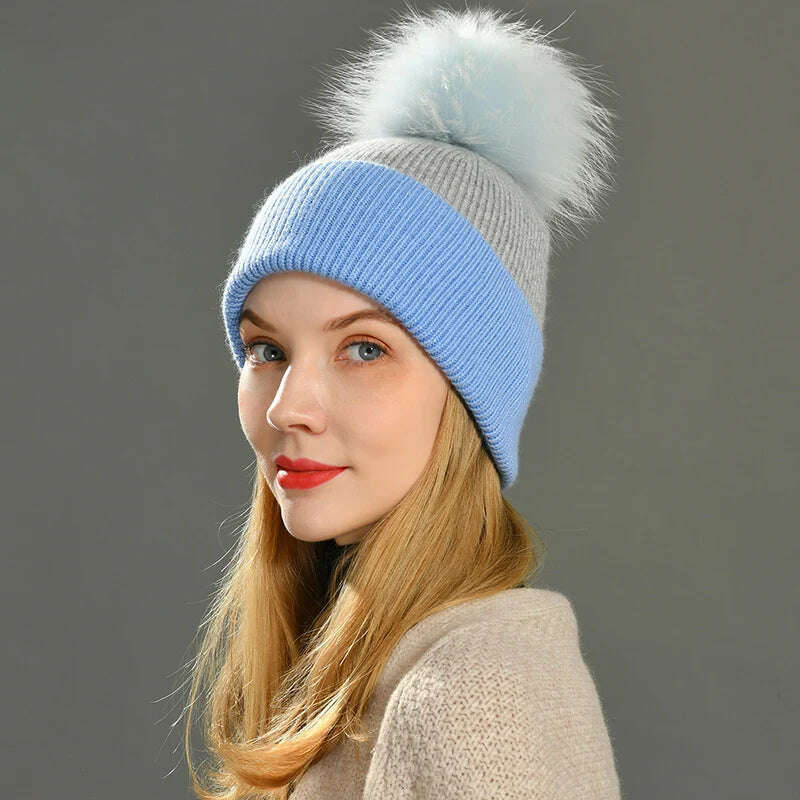 KIMLUD, Women Winter Hats Cashmere Knitted Wool Cap Real Fur Ball Top Striped Knitted Hat Female Fashion Cap Ladies Hedging Wool Beanie, KIMLUD Womens Clothes