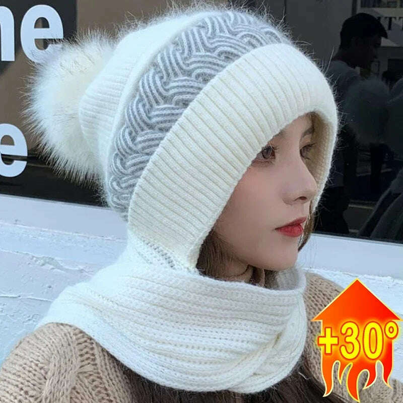 KIMLUD, Women Winter Hood Beanies Thick Woolen Knitted Hat Scarf Fur Pompom Crochet Bonnet Outdoor Ski Female Skullies Cap Warm Headgear, KIMLUD Womens Clothes