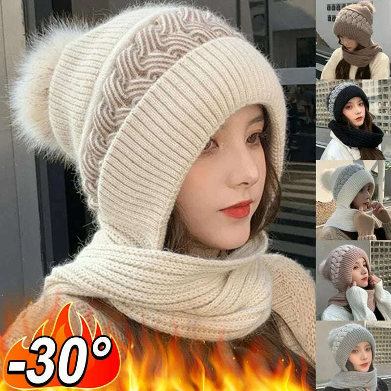 KIMLUD, Women Winter Hood Beanies Thick Woolen Knitted Hat Scarf Fur Pompom Crochet Bonnet Outdoor Ski Female Skullies Cap Warm Headgear, KIMLUD Womens Clothes