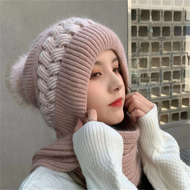 KIMLUD, Women Winter Hood Beanies Thick Woolen Knitted Hat Scarf Fur Pompom Crochet Bonnet Outdoor Ski Female Skullies Cap Warm Headgear, pink, KIMLUD Womens Clothes