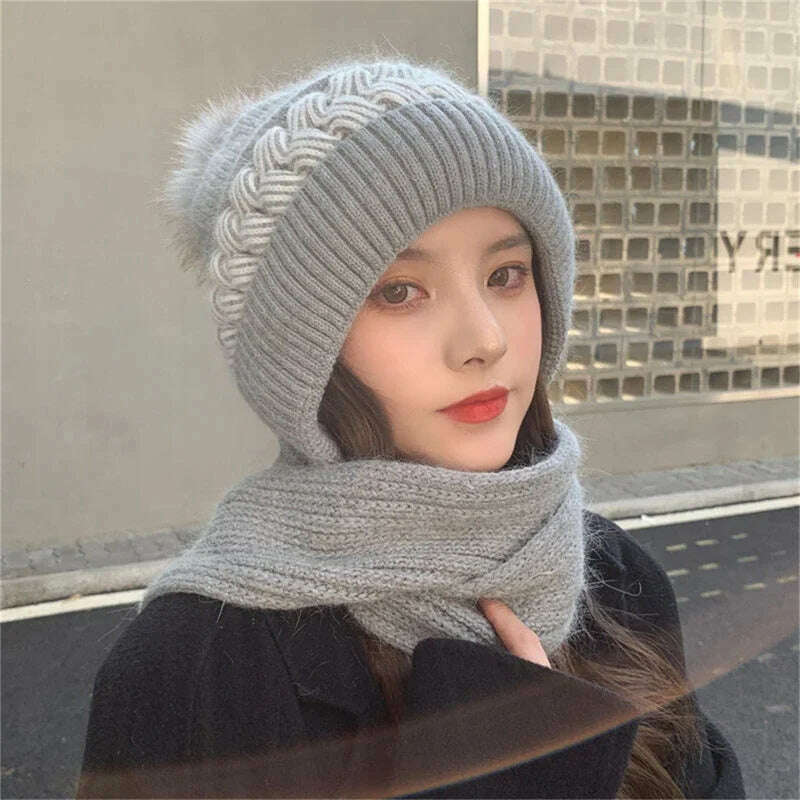 KIMLUD, Women Winter Hood Beanies Thick Woolen Knitted Hat Scarf Fur Pompom Crochet Bonnet Outdoor Ski Female Skullies Cap Warm Headgear, grey, KIMLUD Womens Clothes