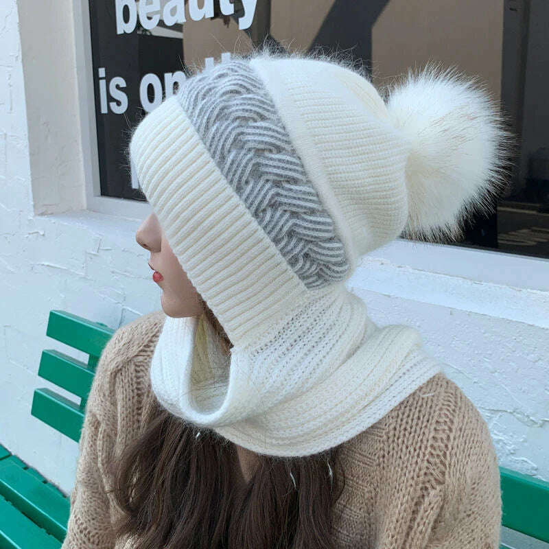 KIMLUD, Women Winter Hood Beanies Thick Woolen Knitted Hat+Scarf Fur Pompom Crochet Bonnet Outdoor Ski Female Cap Warm Headgear, WHITE, KIMLUD Womens Clothes