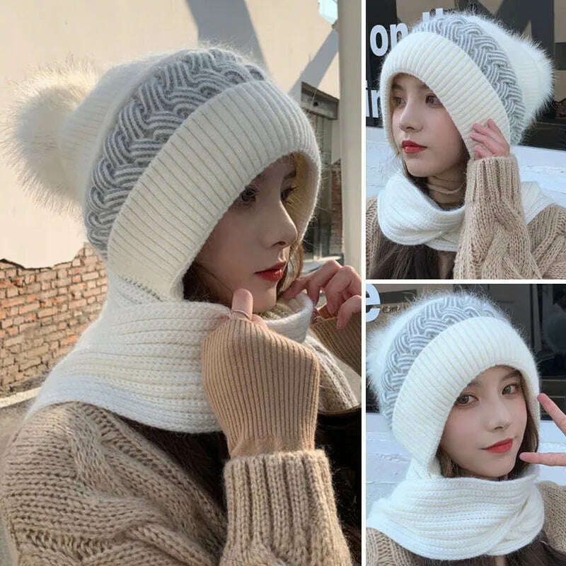KIMLUD, Women Winter Hood Beanies Thick Woolen Knitted Hat+Scarf Fur Pompom Crochet Bonnet Outdoor Ski Female Cap Warm Headgear, KIMLUD Womens Clothes