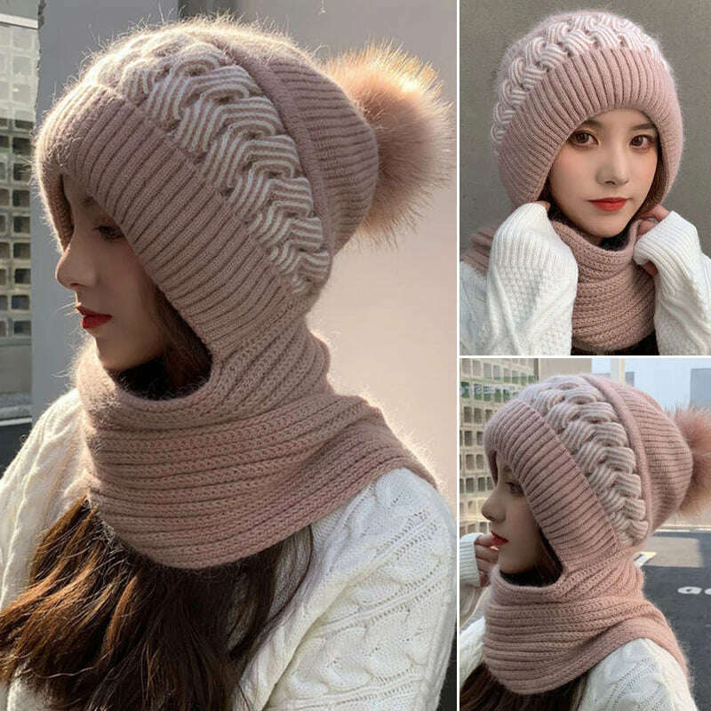 Women Winter Hood Beanies Thick Woolen Knitted Hat+Scarf Fur Pompom Crochet Bonnet Outdoor Ski Female Cap Warm Headgear - KIMLUD