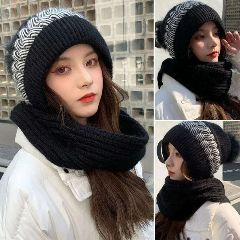Women Winter Hood Beanies Thick Woolen Knitted Hat+Scarf Fur Pompom Crochet Bonnet Outdoor Ski Female Cap Warm Headgear - KIMLUD