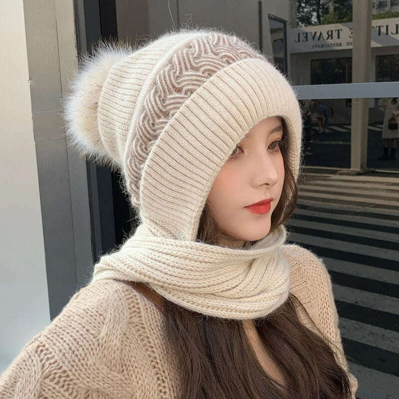 Women Winter Hood Beanies Thick Woolen Knitted Hat+Scarf Fur Pompom Crochet Bonnet Outdoor Ski Female Cap Warm Headgear - KIMLUD