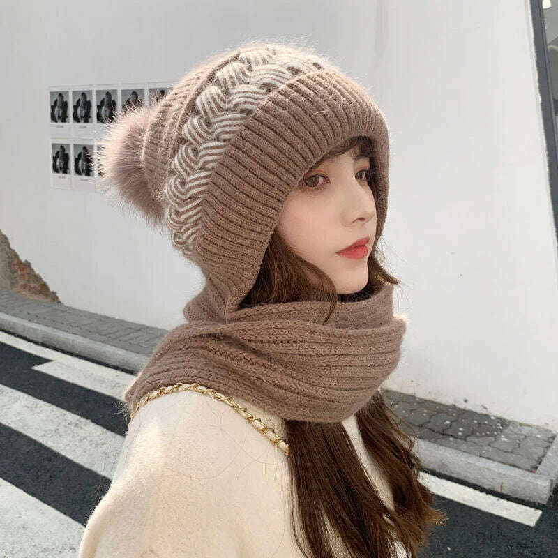 Women Winter Hood Beanies Thick Woolen Knitted Hat+Scarf Fur Pompom Crochet Bonnet Outdoor Ski Female Cap Warm Headgear - KIMLUD