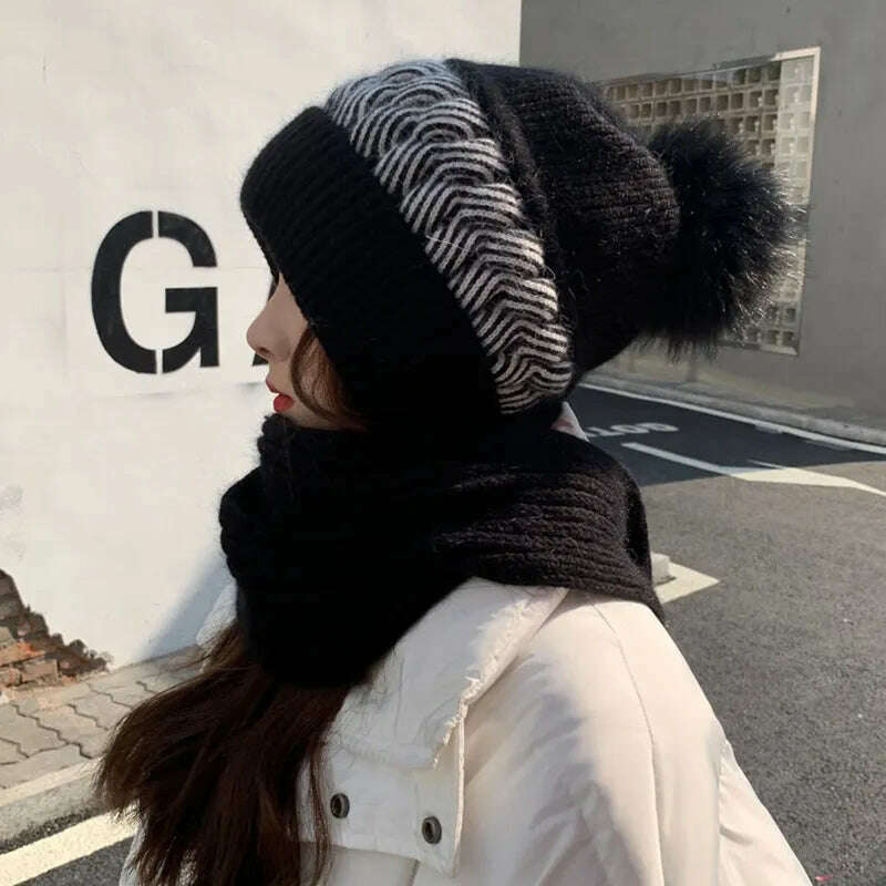Women Winter Hood Beanies Thick Woolen Knitted Hat+Scarf Fur Pompom Crochet Bonnet Outdoor Ski Female Cap Warm Headgear - KIMLUD