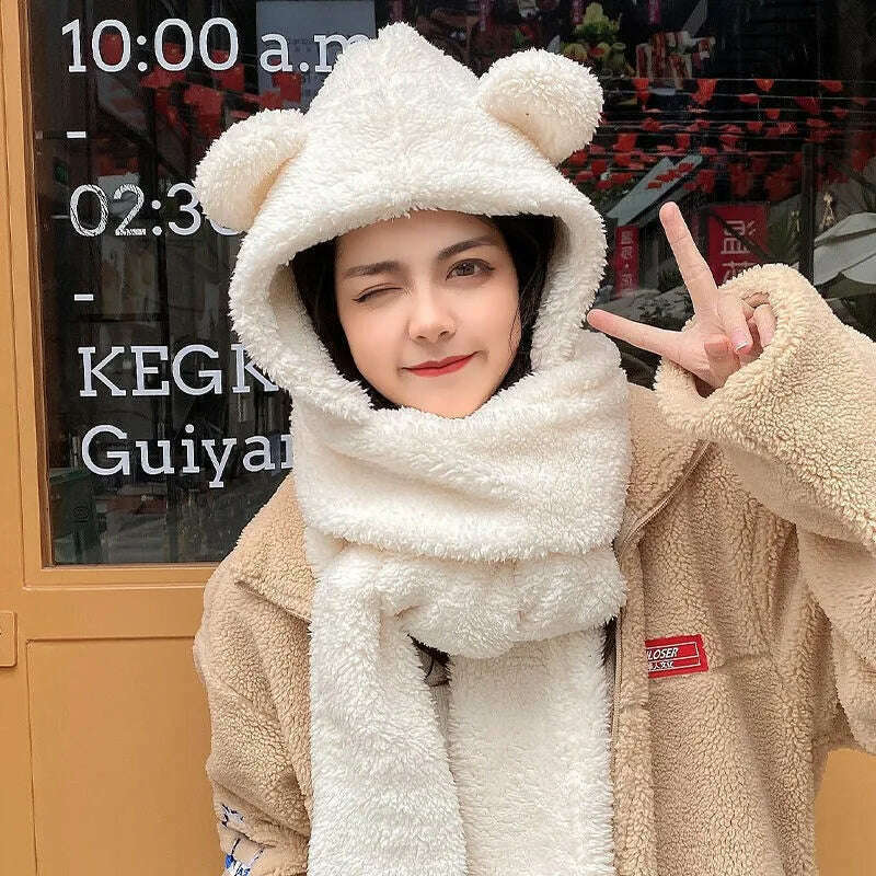 Women Winter Hood Beanies Thick Woolen Knitted Hat+Scarf Fur Pompom Crochet Bonnet Outdoor Ski Female Cap Warm Headgear - KIMLUD