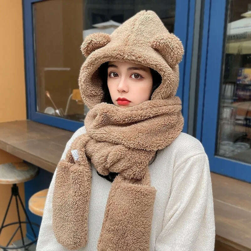 Women Winter Hood Beanies Thick Woolen Knitted Hat+Scarf Fur Pompom Crochet Bonnet Outdoor Ski Female Cap Warm Headgear - KIMLUD