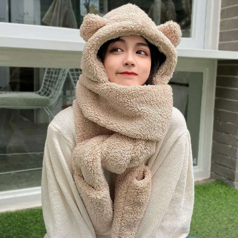 Women Winter Hood Beanies Thick Woolen Knitted Hat+Scarf Fur Pompom Crochet Bonnet Outdoor Ski Female Cap Warm Headgear - KIMLUD