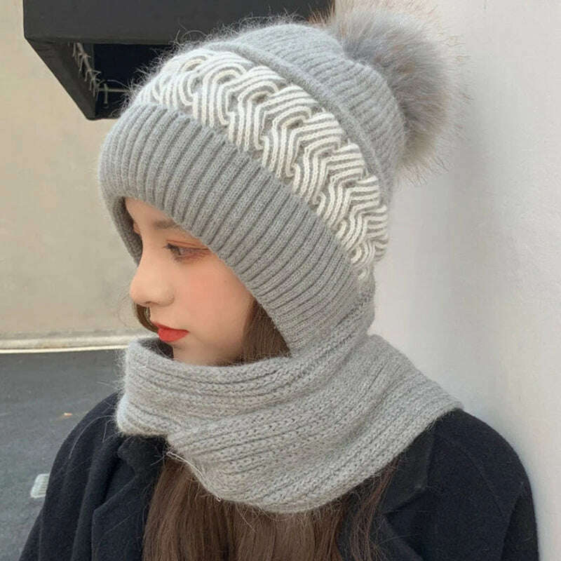 KIMLUD, Women Winter Hood Beanies Thick Woolen Knitted Hat+Scarf Fur Pompom Crochet Bonnet Outdoor Ski Female Cap Warm Headgear, Light Grey, KIMLUD Womens Clothes