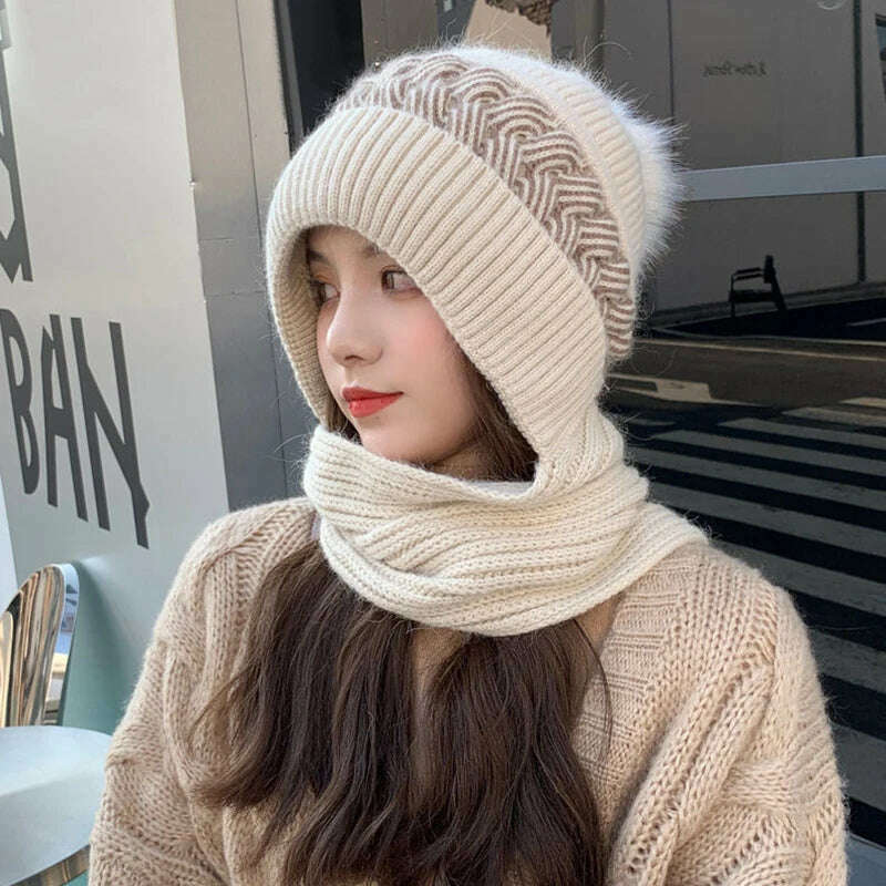 KIMLUD, Women Winter Hood Beanies Thick Woolen Knitted Hat+Scarf Fur Pompom Crochet Bonnet Outdoor Ski Female Cap Warm Headgear, Beige, KIMLUD Womens Clothes