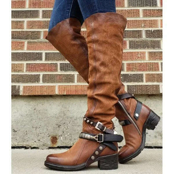 KIMLUD, Women Winter Leather Punk style knee boots Vintage stud zip Women&#39;s boots with belt buckle Plus Size shoes, Auburn / 35, KIMLUD APPAREL - Womens Clothes