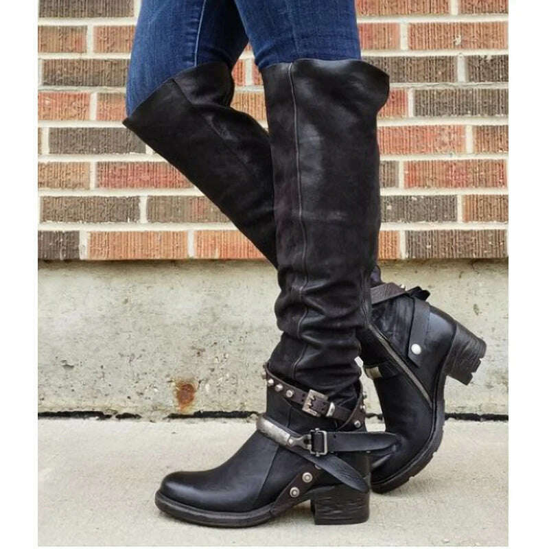 KIMLUD, Women Winter Leather Punk style knee boots Vintage stud zip Women&#39;s boots with belt buckle Plus Size shoes, KIMLUD Womens Clothes