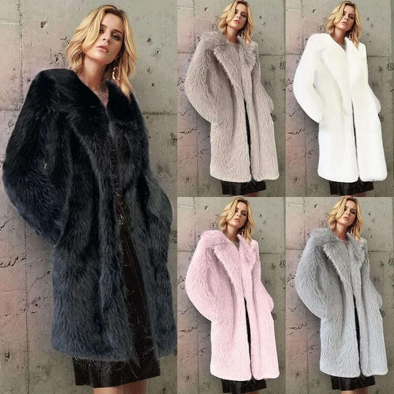 KIMLUD, Women Winter Warm Plush Faux Fur Long Jacket Elegant Y2K Chic Clothes Lapel Furry Coats Overcoat Pilot Jacket Outwear Blend, KIMLUD Womens Clothes