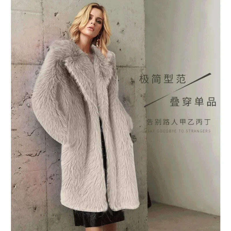 KIMLUD, Women Winter Warm Plush Faux Fur Long Jacket Elegant Y2K Chic Clothes Lapel Furry Coats Overcoat Pilot Jacket Outwear Blend, KIMLUD Womens Clothes