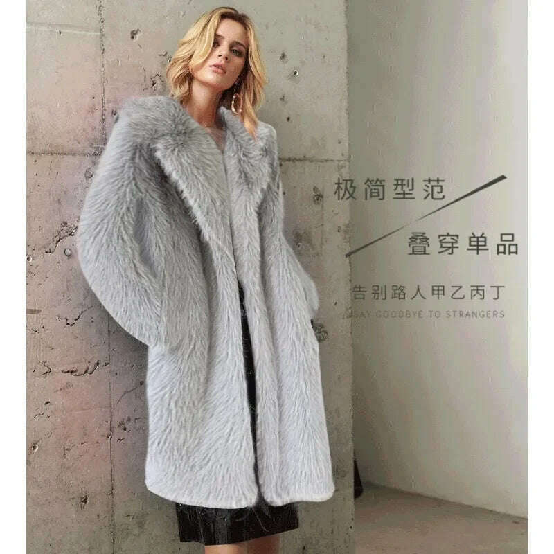 KIMLUD, Women Winter Warm Plush Faux Fur Long Jacket Elegant Y2K Chic Clothes Lapel Furry Coats Overcoat Pilot Jacket Outwear Blend, KIMLUD Womens Clothes