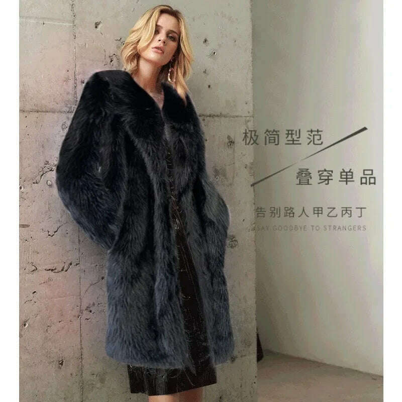 KIMLUD, Women Winter Warm Plush Faux Fur Long Jacket Elegant Y2K Chic Clothes Lapel Furry Coats Overcoat Pilot Jacket Outwear Blend, KIMLUD Womens Clothes