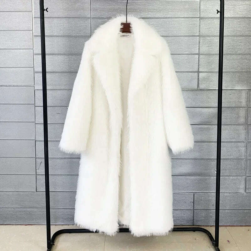 KIMLUD, Women Winter Warm Plush Faux Fur Long Jacket Elegant Y2K Chic Clothes Lapel Furry Coats Overcoat Pilot Jacket Outwear Blend, White / S, KIMLUD Womens Clothes