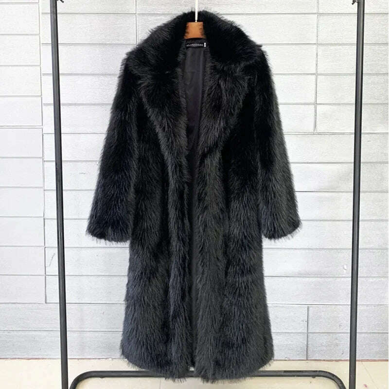 KIMLUD, Women Winter Warm Plush Faux Fur Long Jacket Elegant Y2K Chic Clothes Lapel Furry Coats Overcoat Pilot Jacket Outwear Blend, Black / S, KIMLUD Womens Clothes