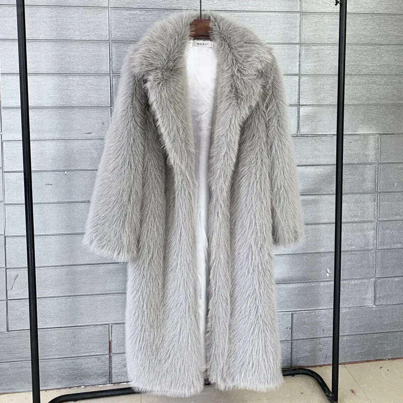 KIMLUD, Women Winter Warm Plush Faux Fur Long Jacket Elegant Y2K Chic Clothes Lapel Furry Coats Overcoat Pilot Jacket Outwear Blend, Gray / S, KIMLUD Womens Clothes