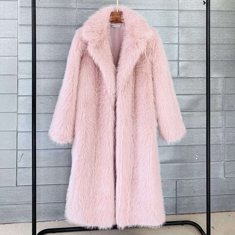 KIMLUD, Women Winter Warm Plush Faux Fur Long Jacket Elegant Y2K Chic Clothes Lapel Furry Coats Overcoat Pilot Jacket Outwear Blend, Pink / S, KIMLUD Womens Clothes