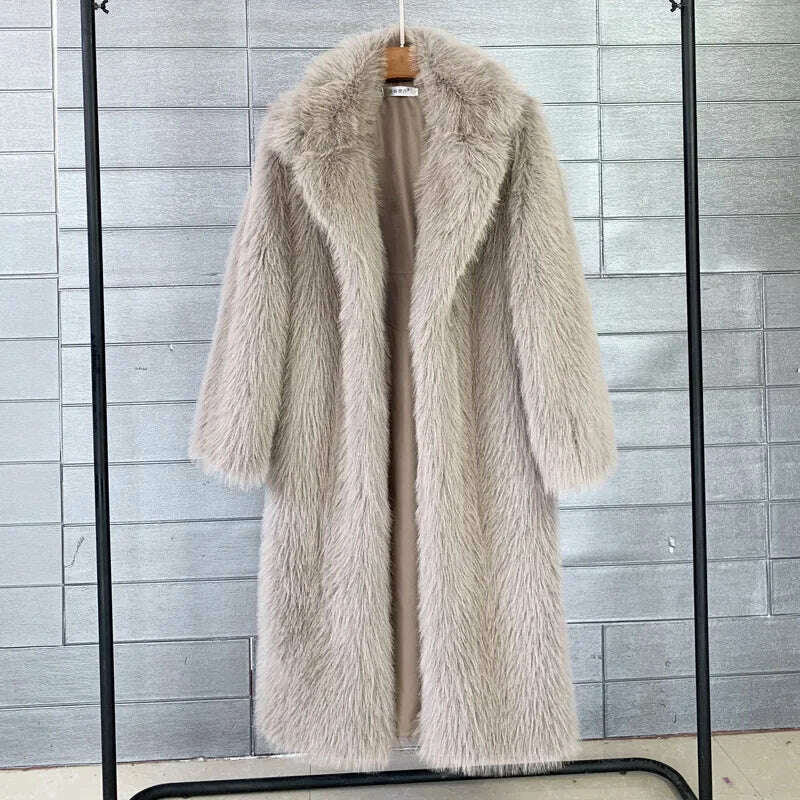 KIMLUD, Women Winter Warm Plush Faux Fur Long Jacket Elegant Y2K Chic Clothes Lapel Furry Coats Overcoat Pilot Jacket Outwear Blend, Khaki / S, KIMLUD Womens Clothes