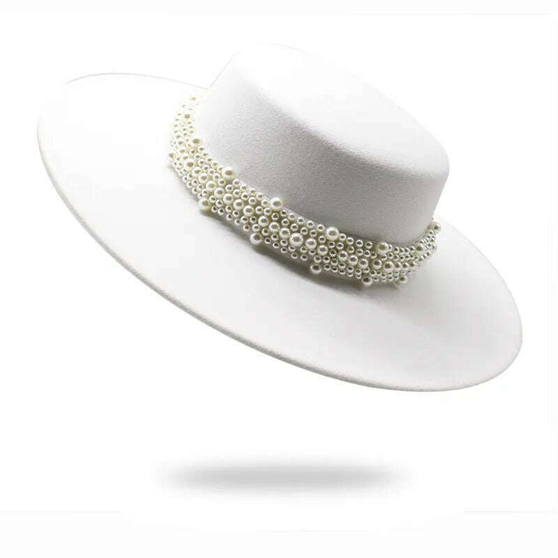 KIMLUD, Women Wool Felt Hats White 9.5cm Wide Brim Fedoras for Wedding Party Church Hats Pork Pie Fedora Hat Floppy Derby Triby Hats, white / size 57-59cm, KIMLUD Womens Clothes
