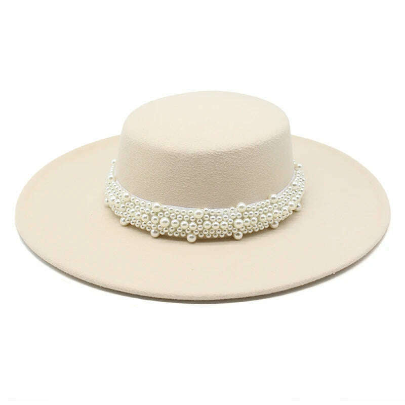 KIMLUD, Women Wool Felt Hats White 9.5cm Wide Brim Fedoras for Wedding Party Church Hats Pork Pie Fedora Hat Floppy Derby Triby Hats, Beige / size 57-59cm, KIMLUD Womens Clothes