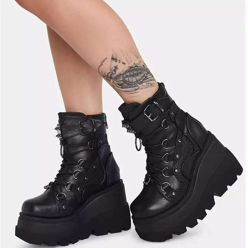 KIMLUD, Women&#39;s Boots 2022 Autumn Women Ankle Boots Platform Wedges High Heels Short Boots New Fashion Design Zip Cosplay Shoes of Women, Black / 35, KIMLUD Women's Clothes