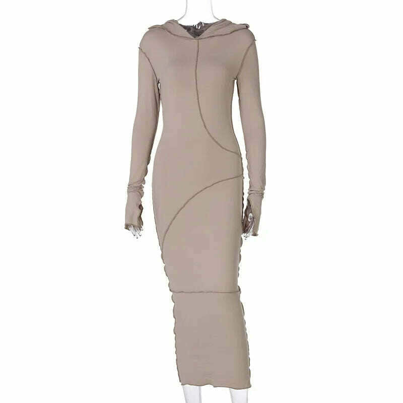 KIMLUD, Women&#39;s Dress New Casual Hooded Long Sleeve Sexy Elegant Party Dresses for Women 2023 Outfits Dresses Streetwear Skinny Bodycon, Khaki / S, KIMLUD Womens Clothes