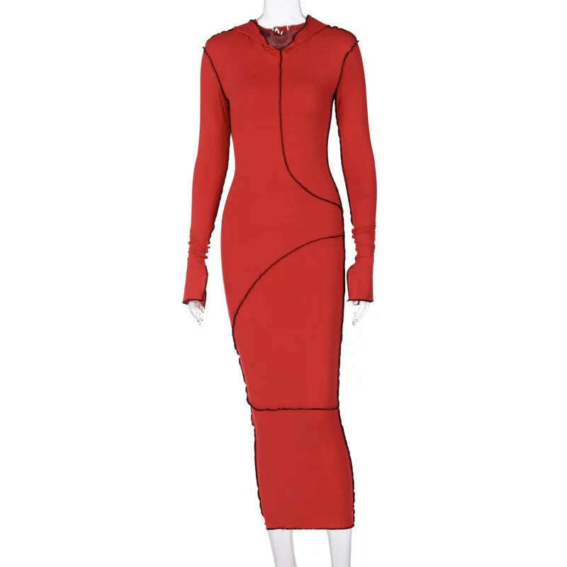 KIMLUD, Women&#39;s Dress New Casual Hooded Long Sleeve Sexy Elegant Party Dresses for Women 2023 Outfits Dresses Streetwear Skinny Bodycon, Red / S, KIMLUD Womens Clothes