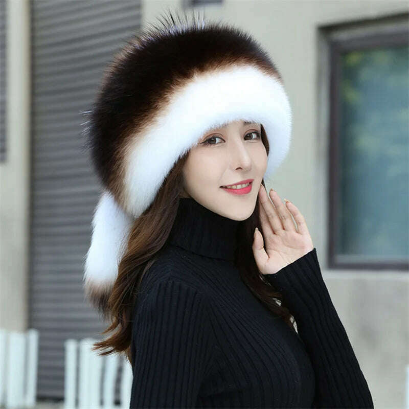 KIMLUD, Women&#39;s Fox Fur Hats 2022 New Fox Fur Windproof Warm Earmuffs Winter Hats Women&#39;s Fur Hats Russian Hats, KIMLUD Women's Clothes