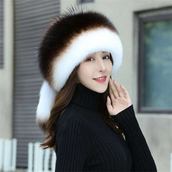 KIMLUD, Women&#39;s Fox Fur Hats 2022 New Fox Fur Windproof Warm Earmuffs Winter Hats Women&#39;s Fur Hats Russian Hats, coffee - white / M(56-58cm), KIMLUD Womens Clothes