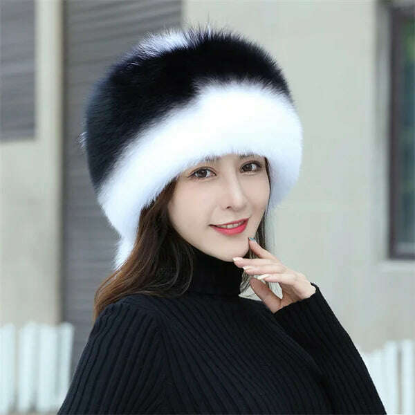 KIMLUD, Women&#39;s Fox Fur Hats 2022 New Fox Fur Windproof Warm Earmuffs Winter Hats Women&#39;s Fur Hats Russian Hats, black-white / M(56-58cm), KIMLUD Womens Clothes