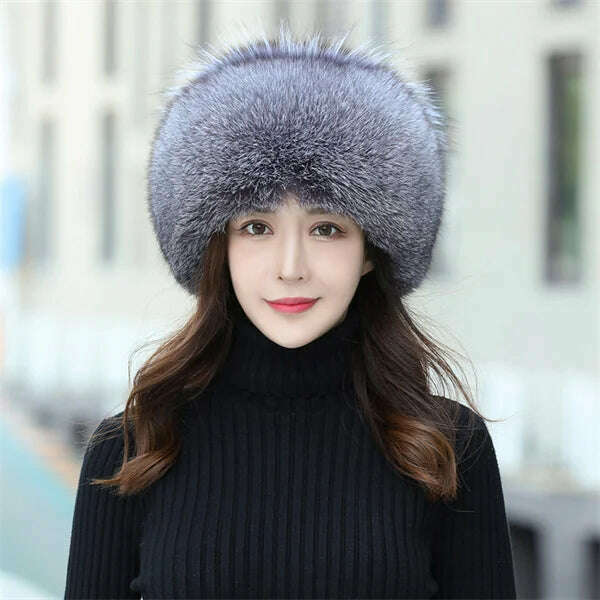 KIMLUD, Women&#39;s Fox Fur Hats 2022 New Fox Fur Windproof Warm Earmuffs Winter Hats Women&#39;s Fur Hats Russian Hats, silver blue / M(56-58cm), KIMLUD Womens Clothes