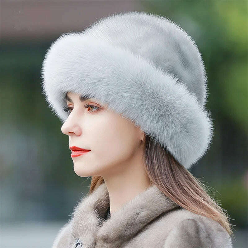 KIMLUD, Women&#39;s Fox Fur Hats 2022 New Mink Fur Windproof Warm Earmuffs Winter Hats Women&#39;s Fur Hats Russian Fox Mink Stitching Hats, KIMLUD Womens Clothes